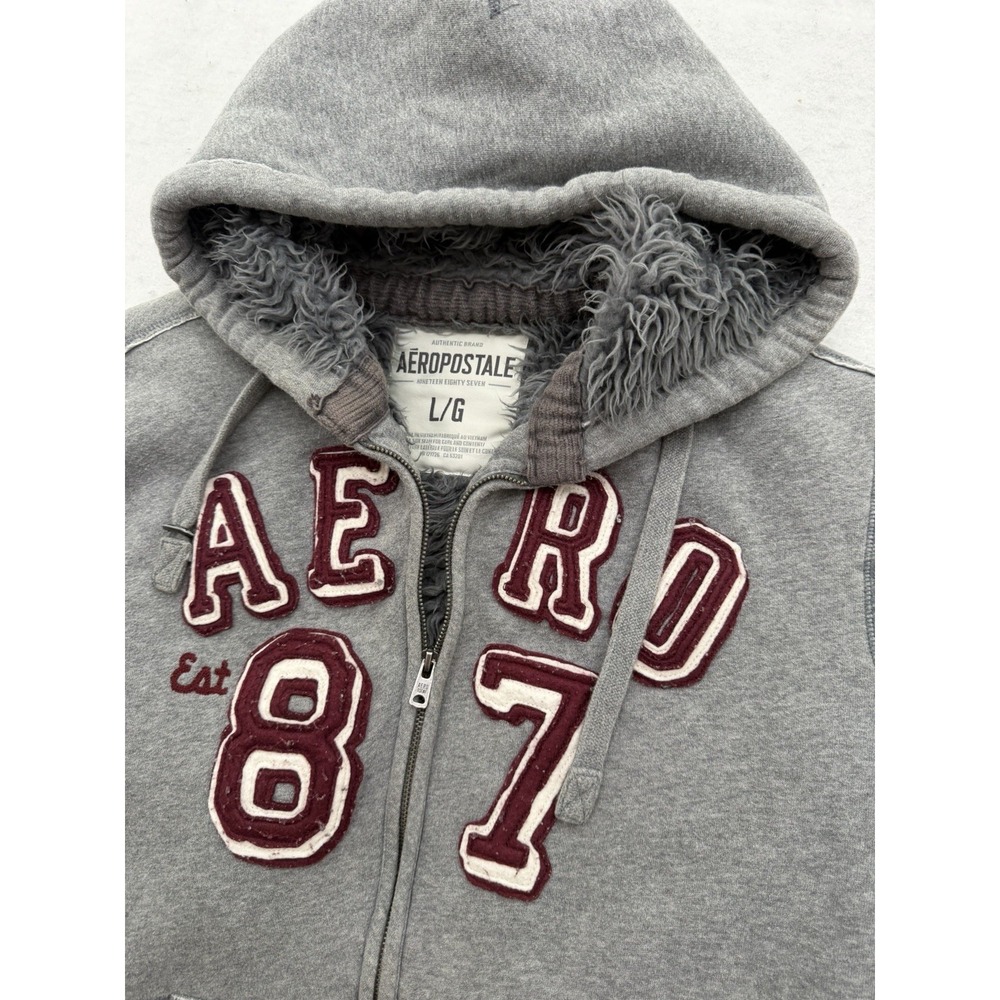 VTG Aeropostale Sweatshirt Hoodie Mens L Gray Red Y2K Sherpa Lined Heavy RARE